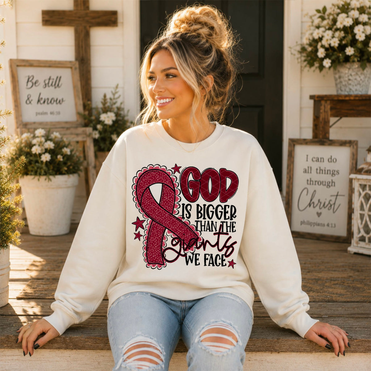 God is bigger than the giants we face MAROON  ribbon (SDD) DTF Transfer
