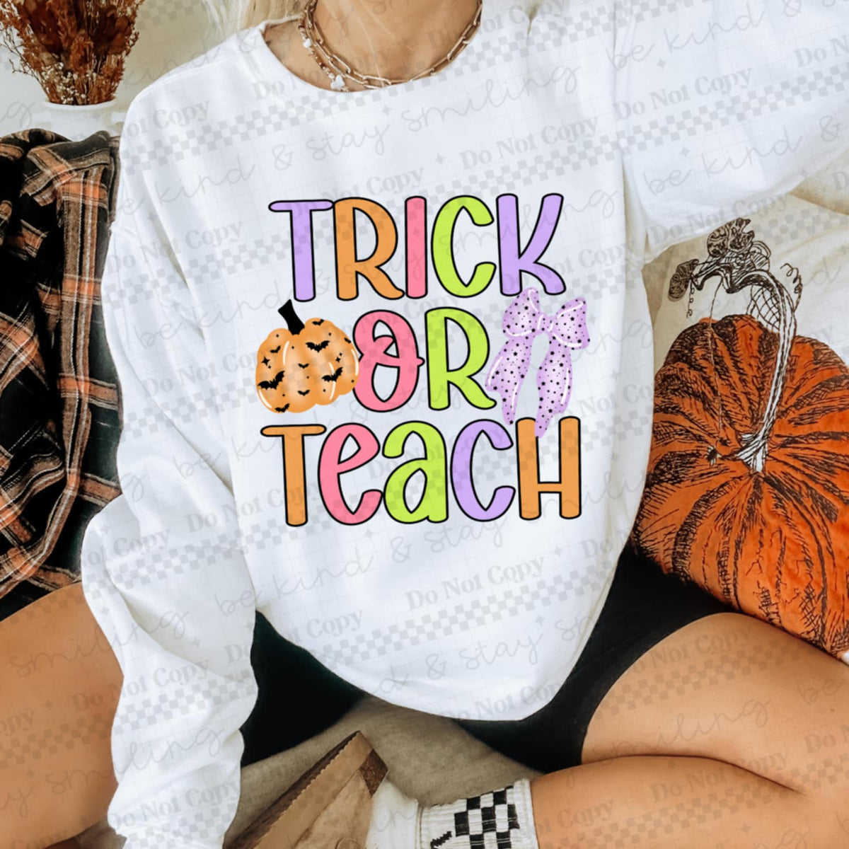 Trick Or Teach with bow and pumpkin CMLD DTF transfer