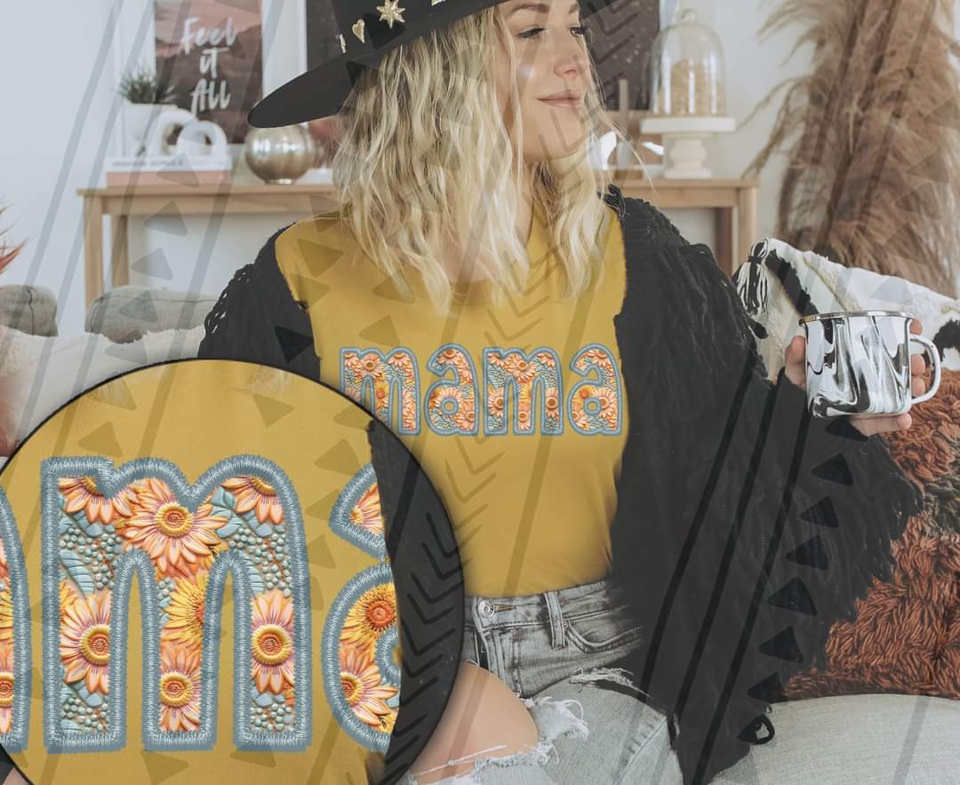 Mama faux embrodiery sunflowers blue outline DTF Transfer