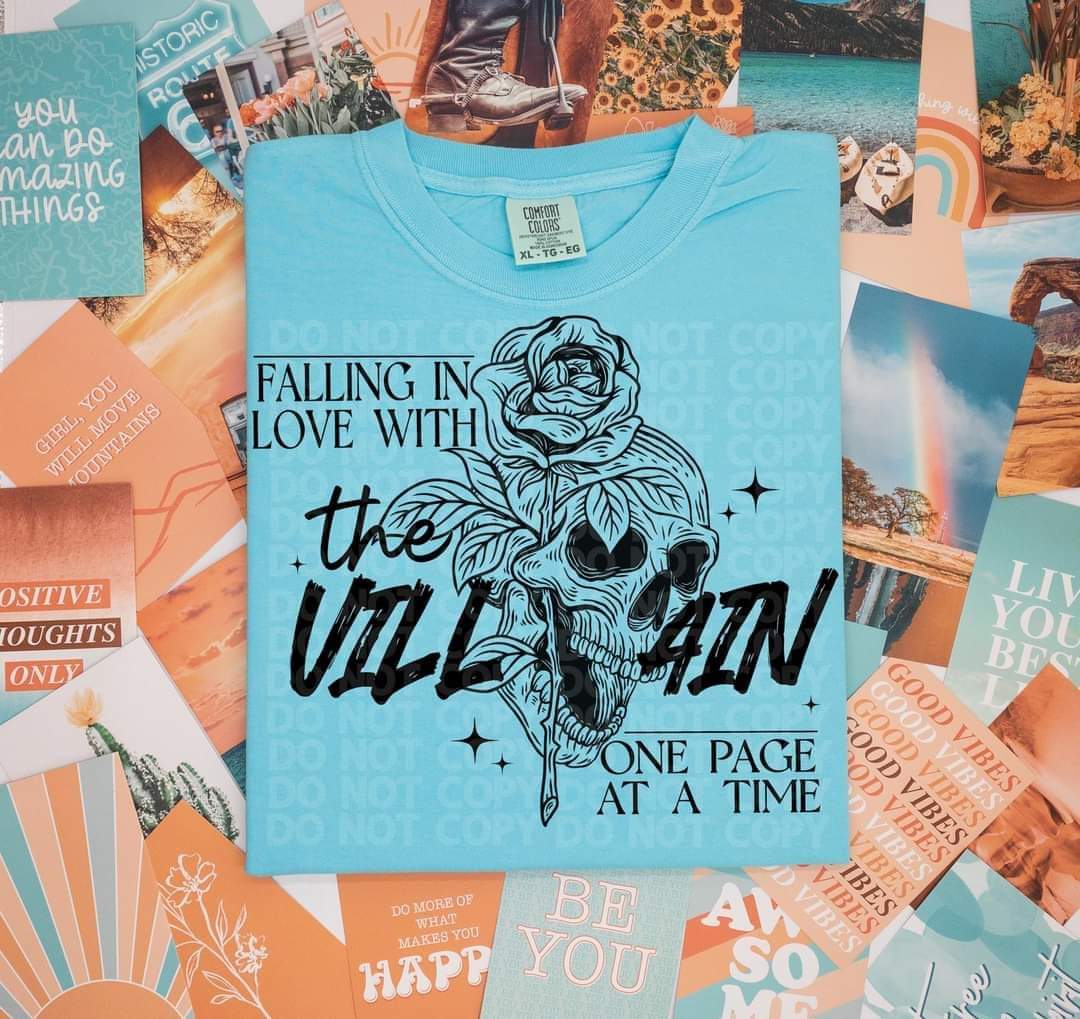 Falling in love with the villan one page at a time BLACK skellie with flowers 7021 DTF transfer