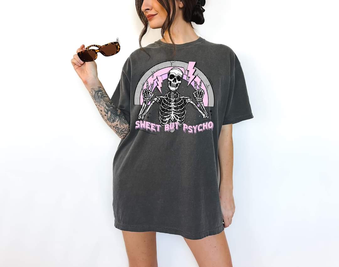 Sweet but psycho purple skull rainbow DTF transfer