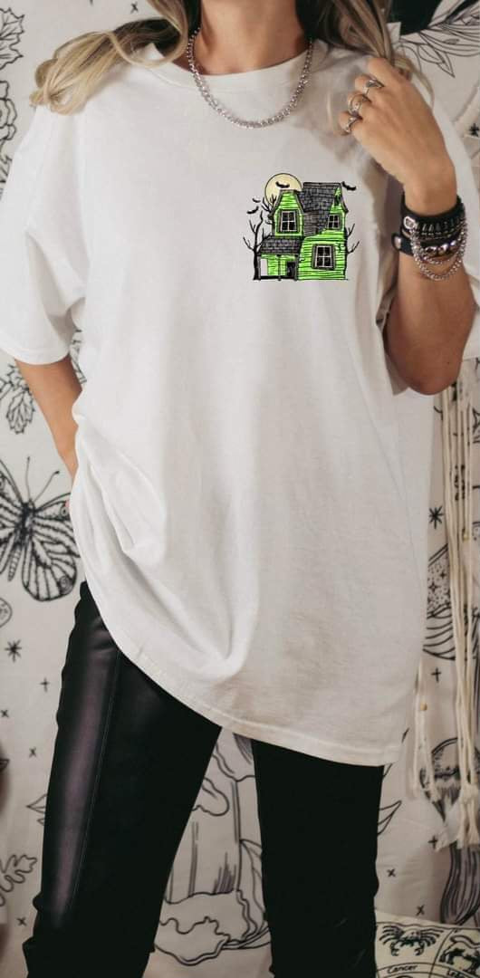 Spooky green haunted house DTF transfer