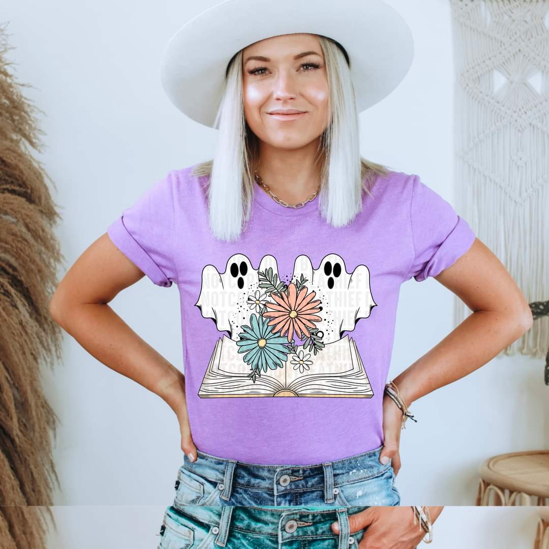 Double ghost with book and flowers 531 DTF transfer