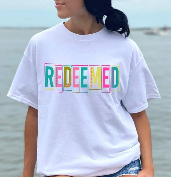 Redeemed block lettering colorful DTF transfer