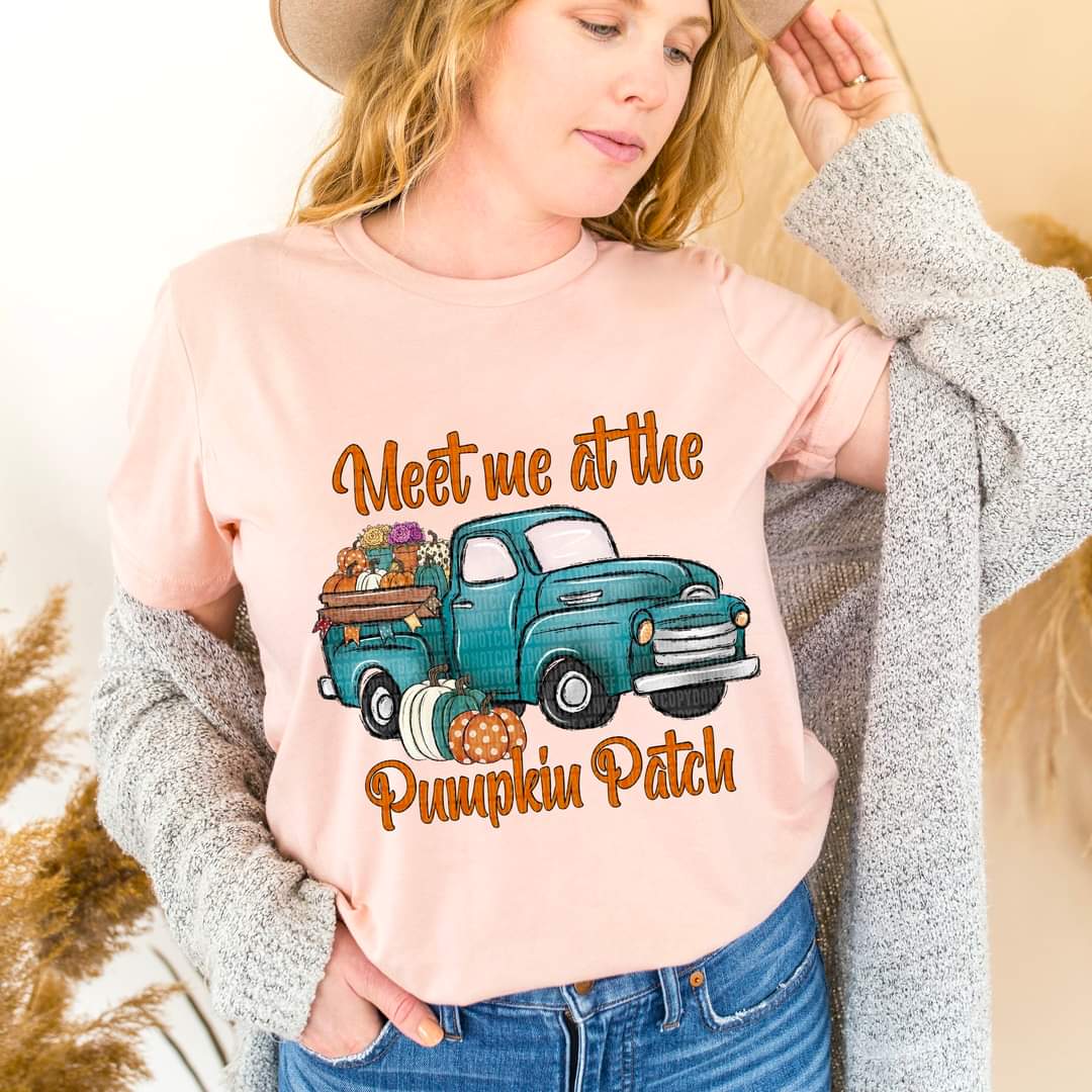 Meet me at the pumpkin patch blue antique truck 564 DTF transfer