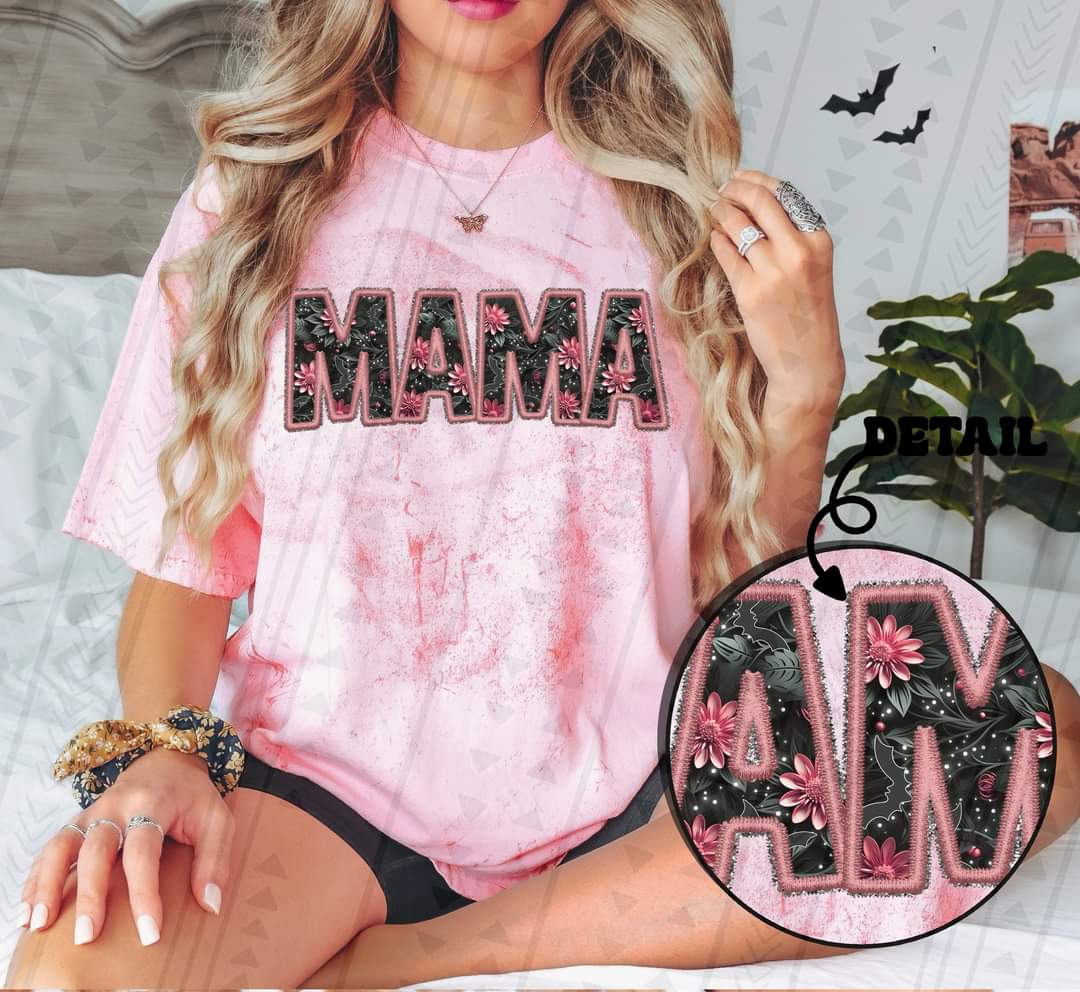Mama embroidery pink outline and florals black background DTF transfer