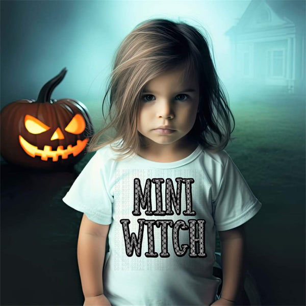 Mini witch (spiderweb filled letters outlined in black) 665 DTF TRANSFER