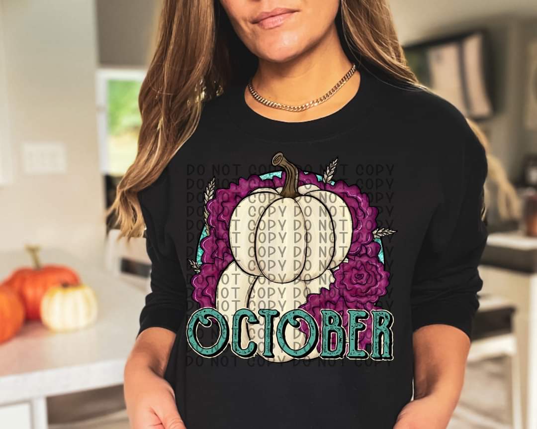 October (stacked white pumpkins with purple flowers) DTF TRANSFER