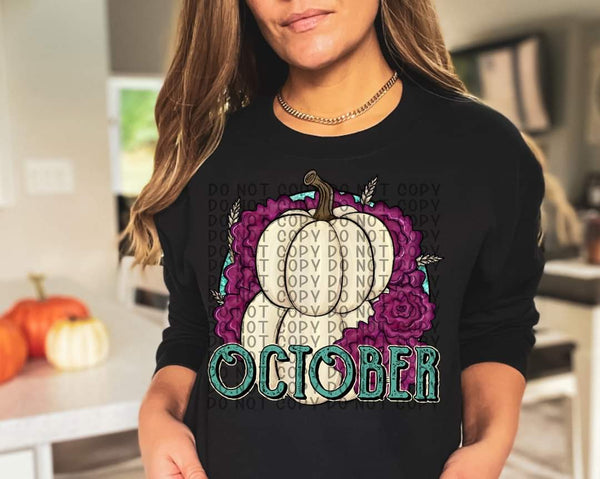 October (stacked white pumpkins with purple flowers) DTF TRANSFER