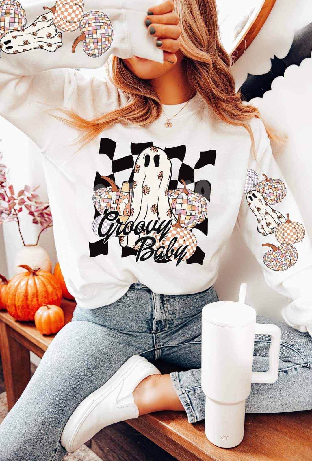 Groovy ghost and disco balls SLEEVE ONLY DTF transfer