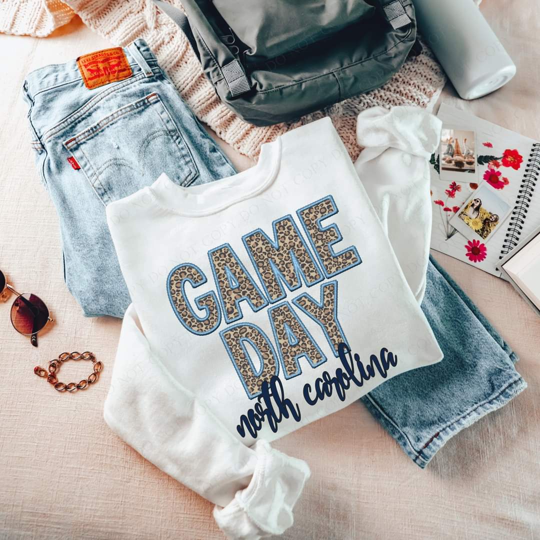 Game Day North Carolina Embroidery Blue Navy Leopard 7562 DTF transfer