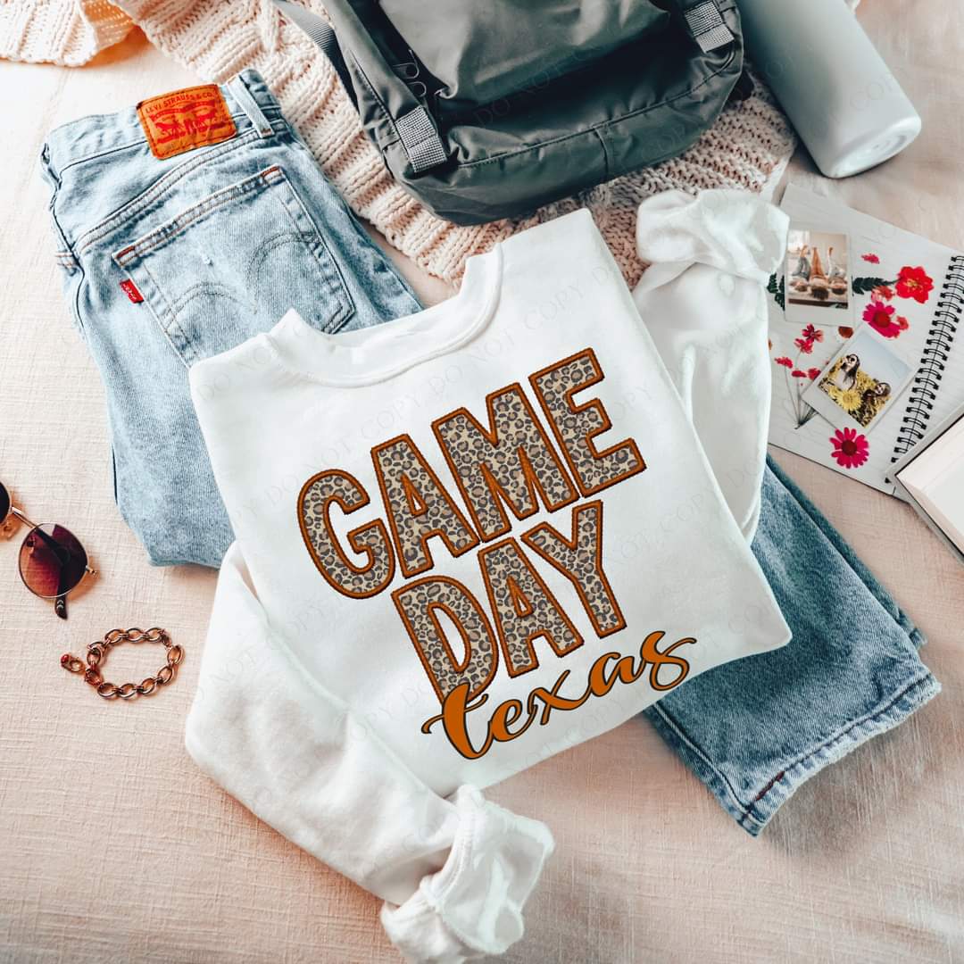 Game Day Texas Embroidery Burnt Orange Leopard 7568 DTF transfer