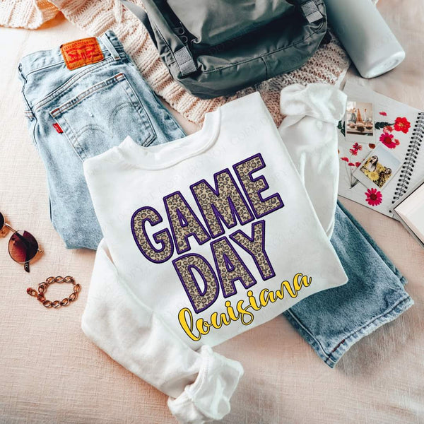 Game Day Louisiana Embroidery Purple Yellow Leopard 7556 DTF transfer