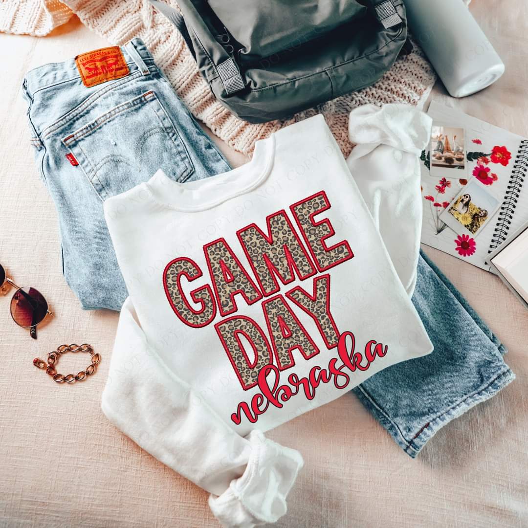 Game Day Nebraska Embroidery Red Leopard 7561 DTF transfer