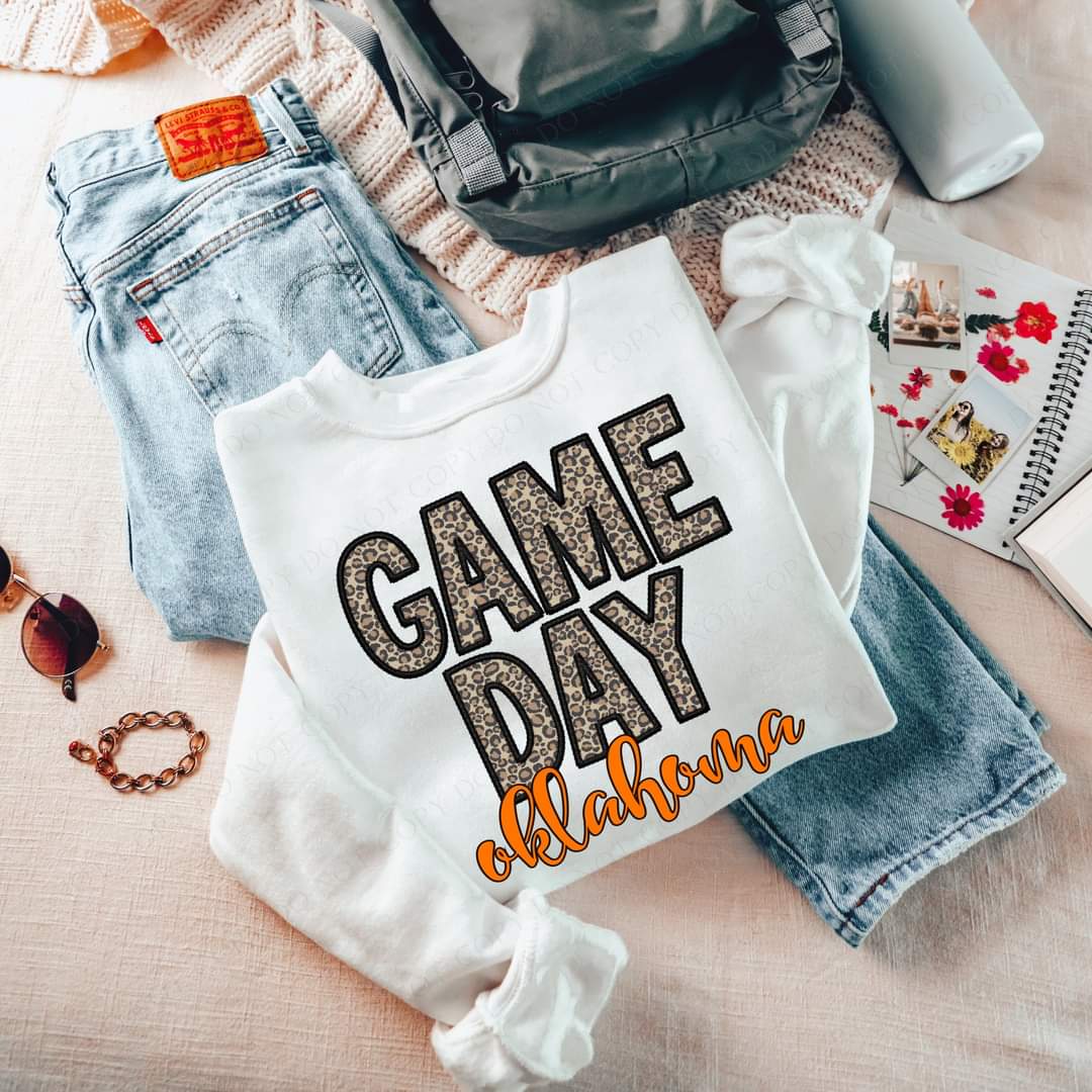 Game Day Oklahoma Embroidery Black Orange Leopard 7564 DTF transfer