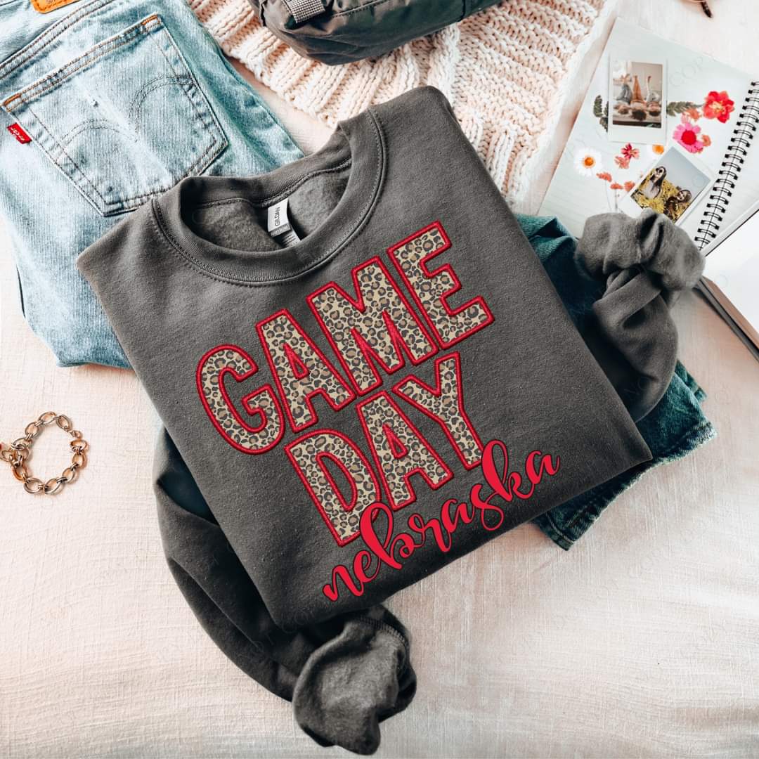Game Day Nebraska Embroidery Red Leopard 7561 DTF transfer
