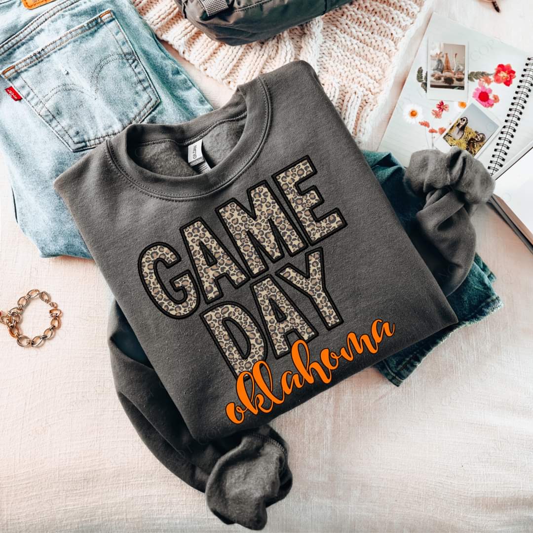 Game Day Oklahoma Embroidery Black Orange Leopard 7564 DTF transfer