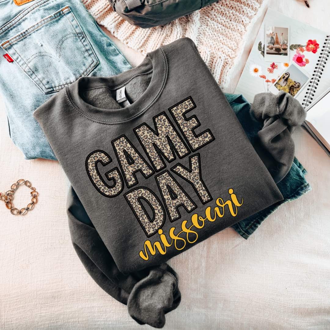 Game Day Missouri Embroidery Black Yellow Leopard 7560 DTF transfer