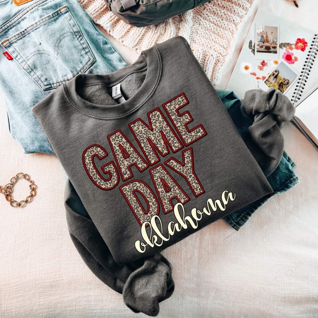 Game Day Oklahoma Embroidery Crimson Cream Leopard 7565 DTF transfer