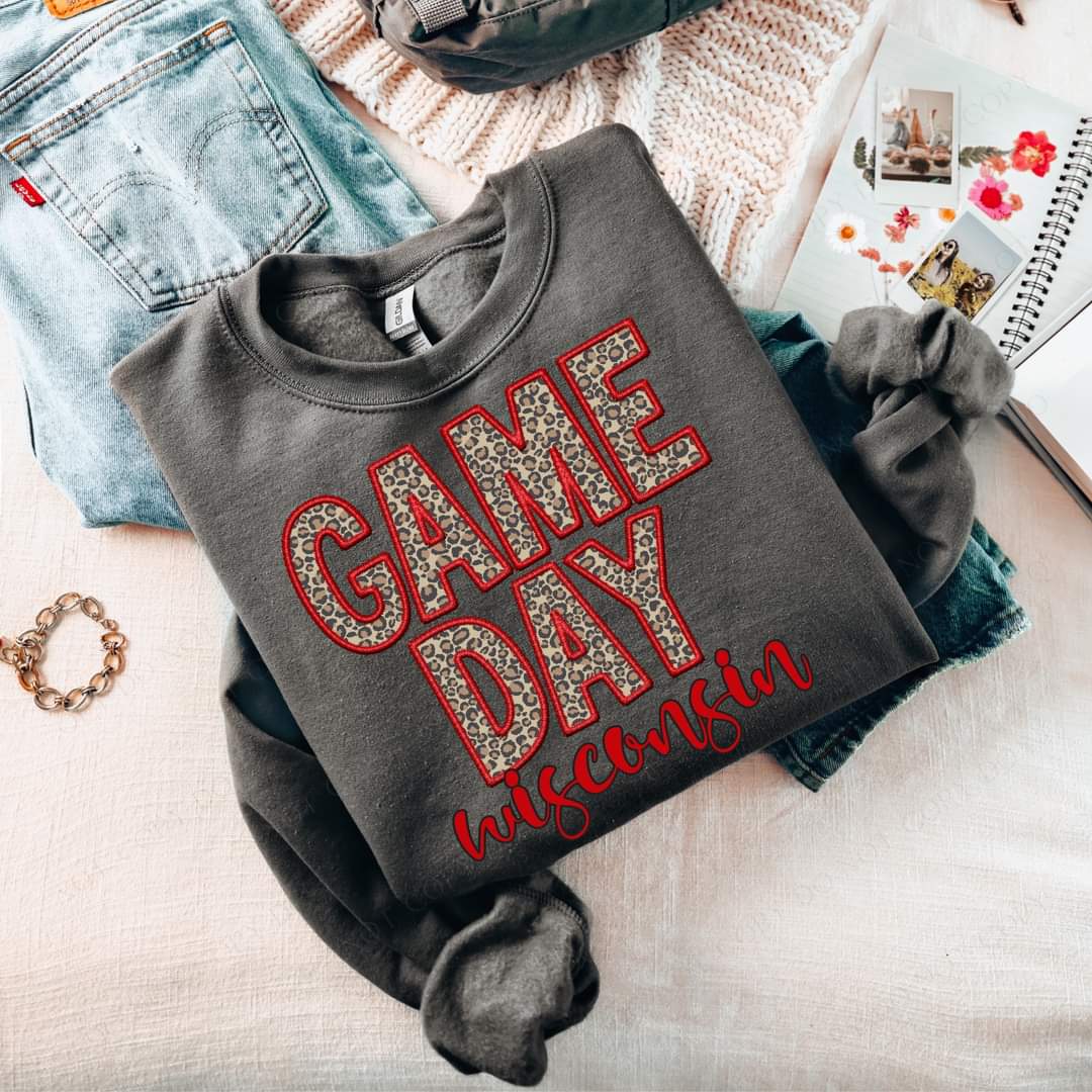 Game Day Wisconsin Embroidery Red Leopard 7570 DTF transfer