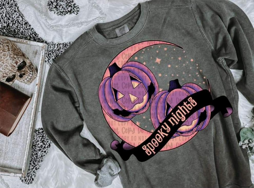 Spooky nights pastel moon with purple pumpkins 2527 DTF TRANSFER
