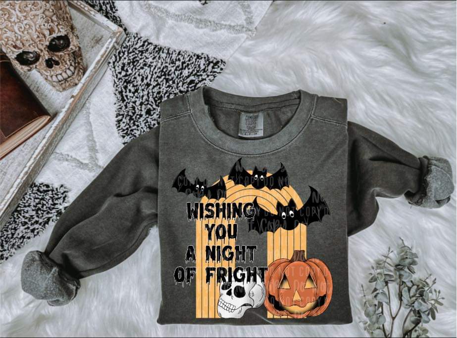 Wishing you a night of fright (yellow rainbow, bats skull and pumpkin) 2517 DTF TRANSFER