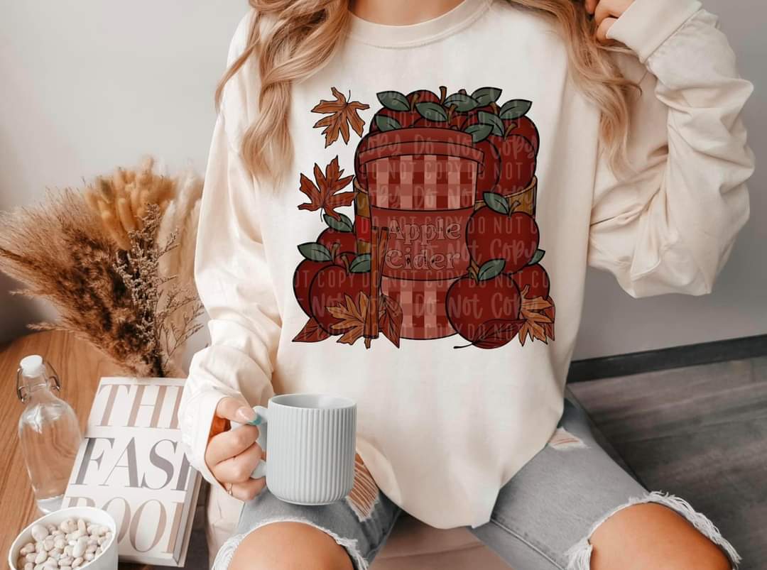Apple Cider (plaid cup with stacked apples leaves) 2504 DTF TRANSFER