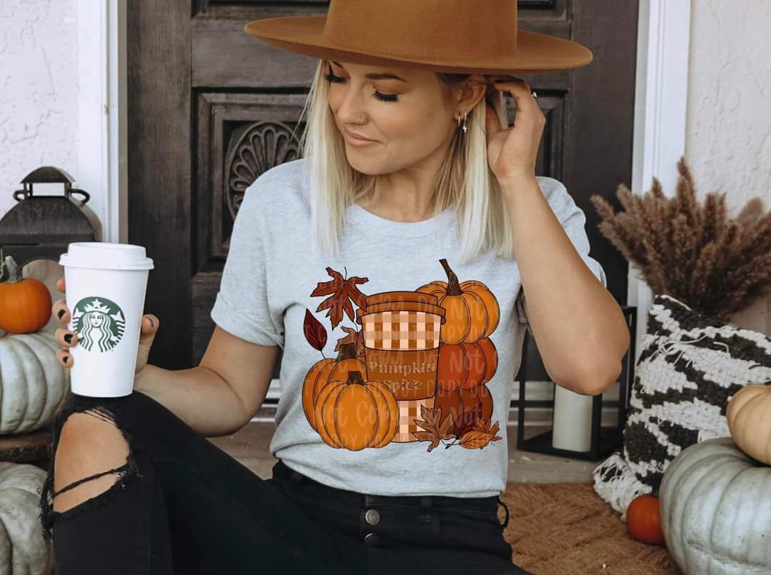 Pumpkin spice (plaid cup with stacked pumpkinsand leaves) 2503 DTF TRANSFER