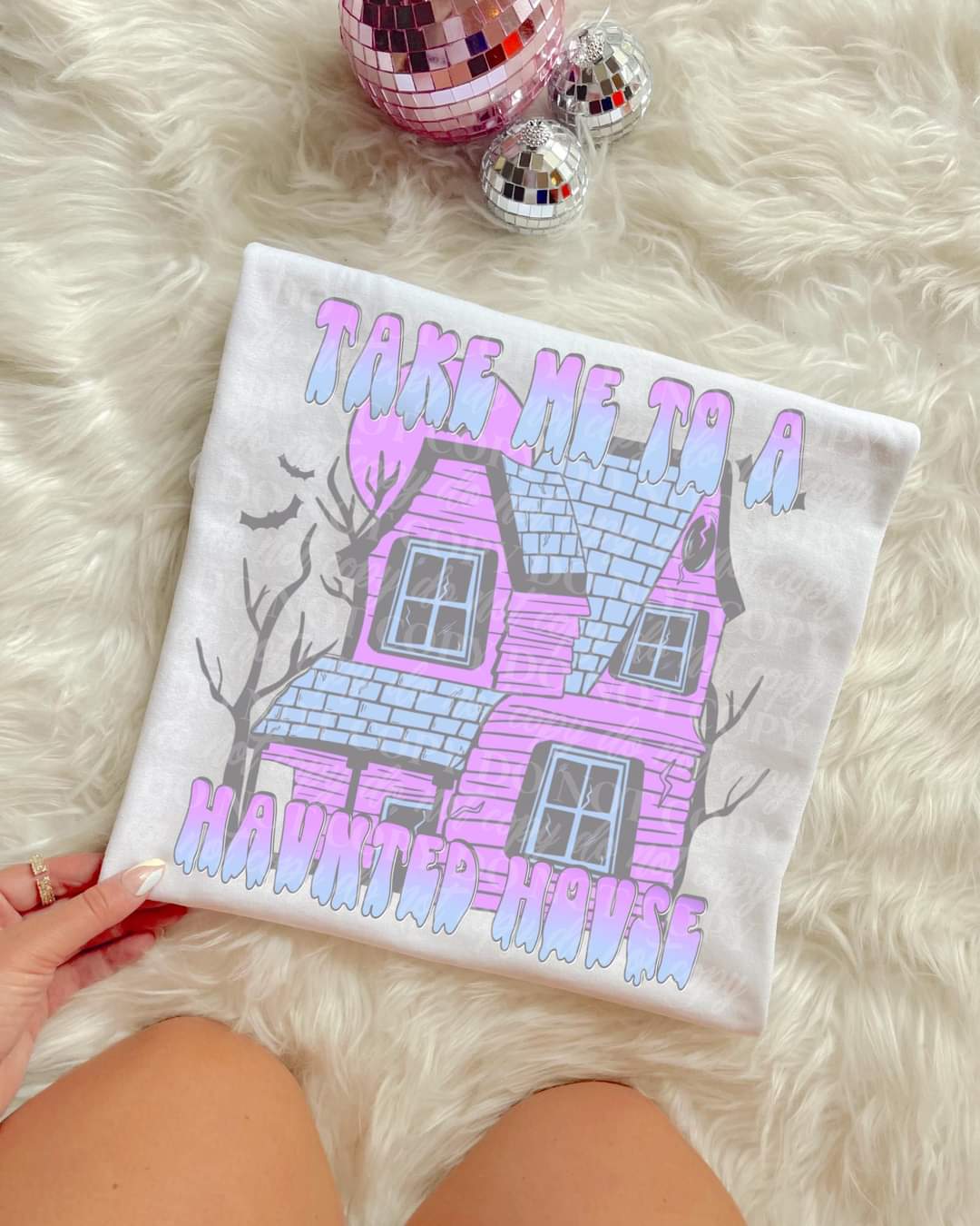 take me to a haunted house (pink and purple house) 9189 DTF TRANSFER