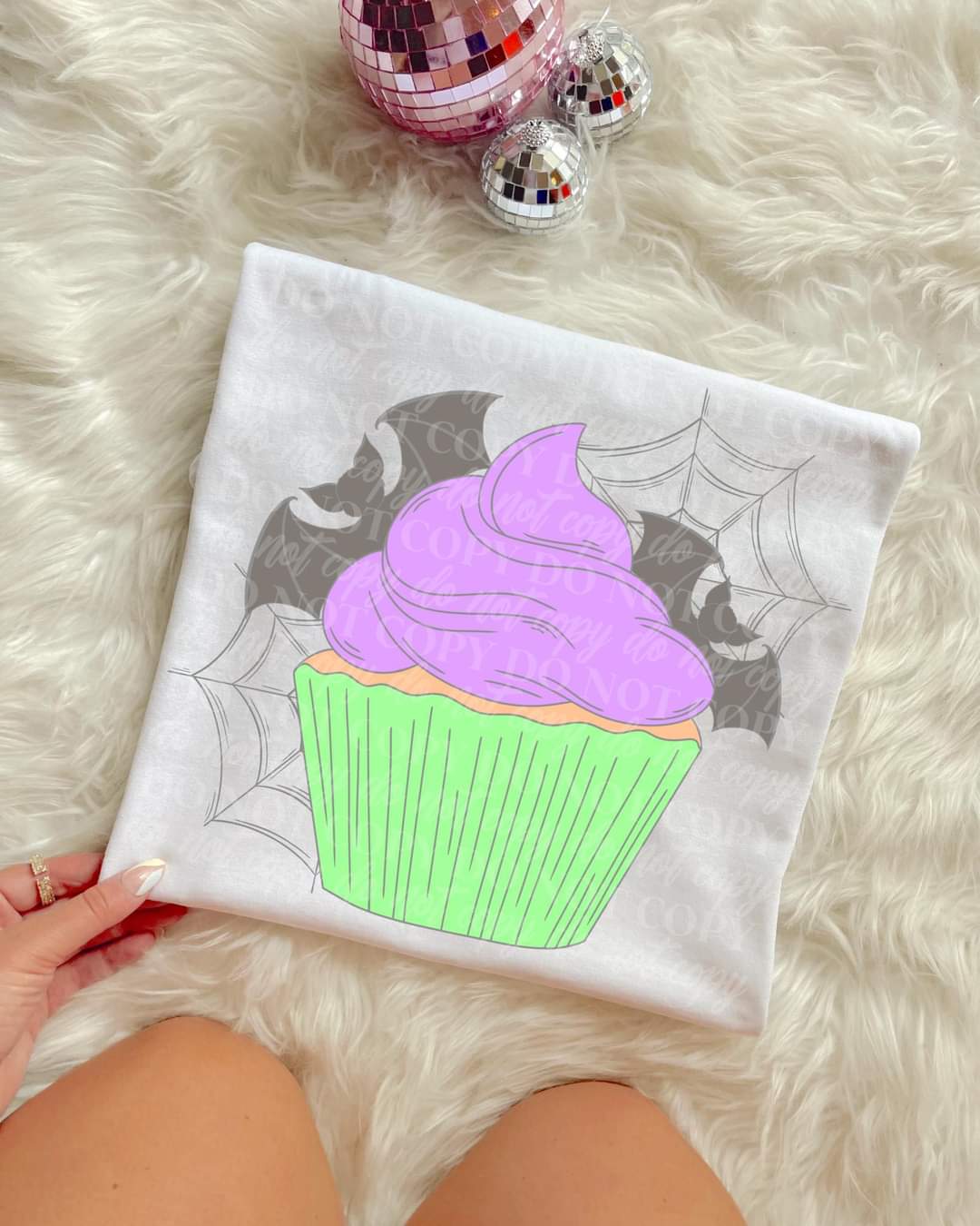 purple and green cupcake with webs and bats 9191 DTF TRANSFER
