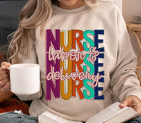 Labor & delivery nurse stacked (multi color lettering) 9134 DTF TRANSFER