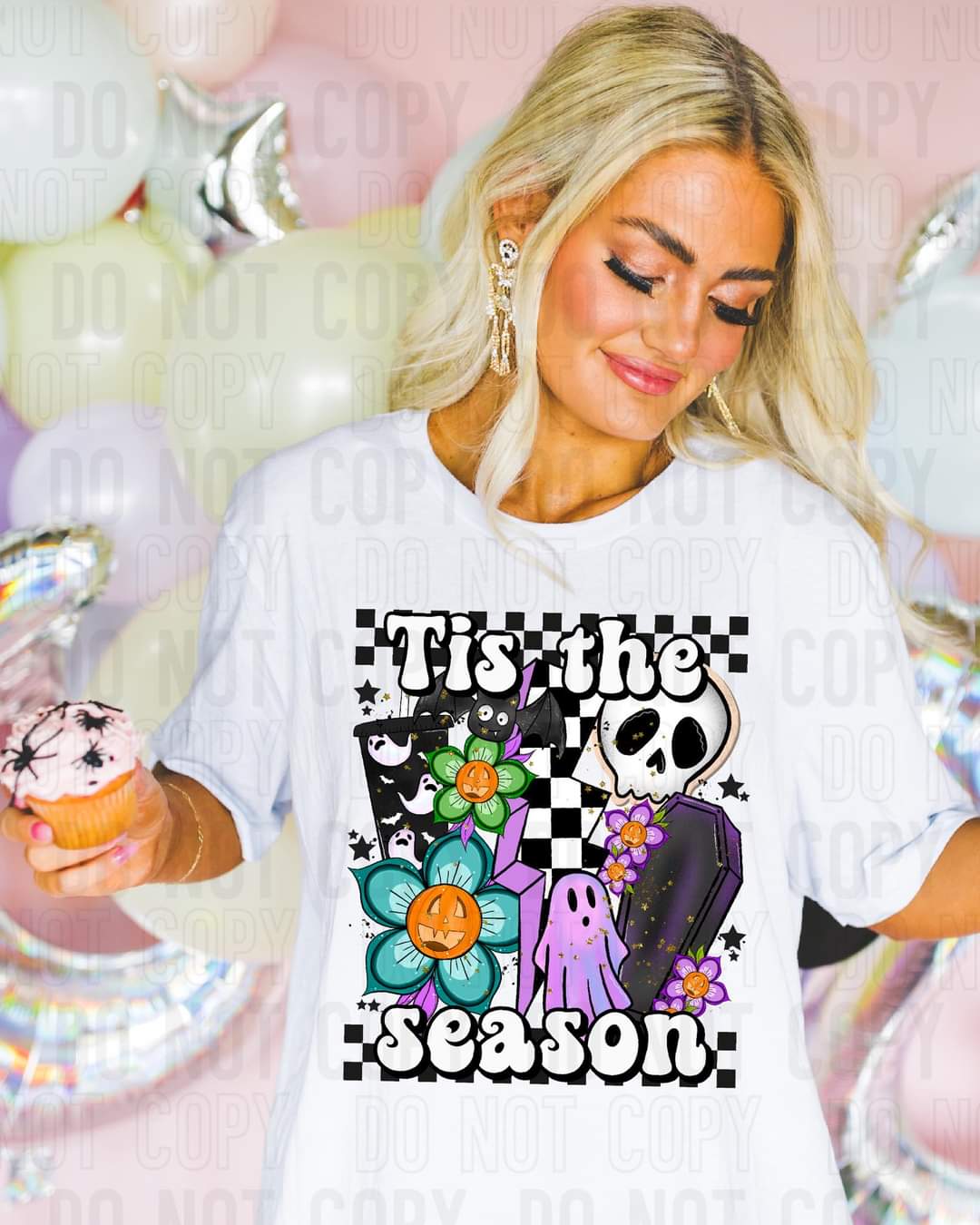 Tis the season (retro checkered background skull casket flowers) 9136 DTF TRANSFER