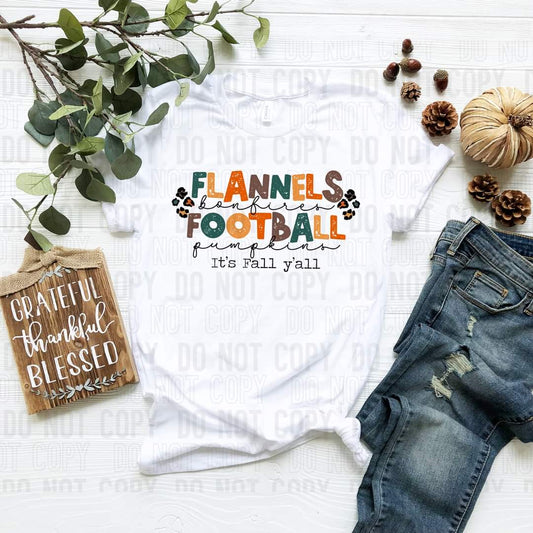 Flannels, bonfires, football, pumpkin it's fall y'all (cursive and multi colored letters) 9138 DTF TRANSFER