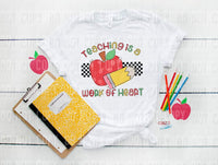 Teaching is a work of heart (multi color writing, checkered, apple and pencil) 9140 DTF TRANSFER