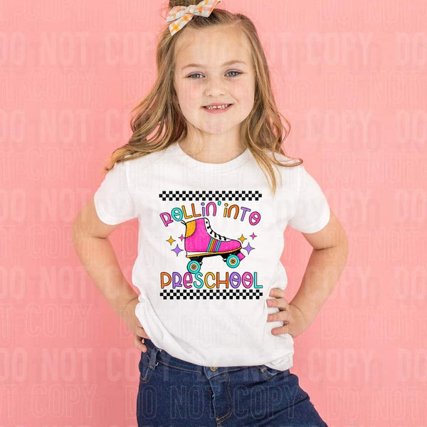 Rolling into preschool (roller skates, colorful writing, checkered) 9141 DTF TRANSFER