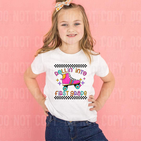 Rolling into first grade (roller skates, colorful writing, checkered) 9143 DTF TRANSFER