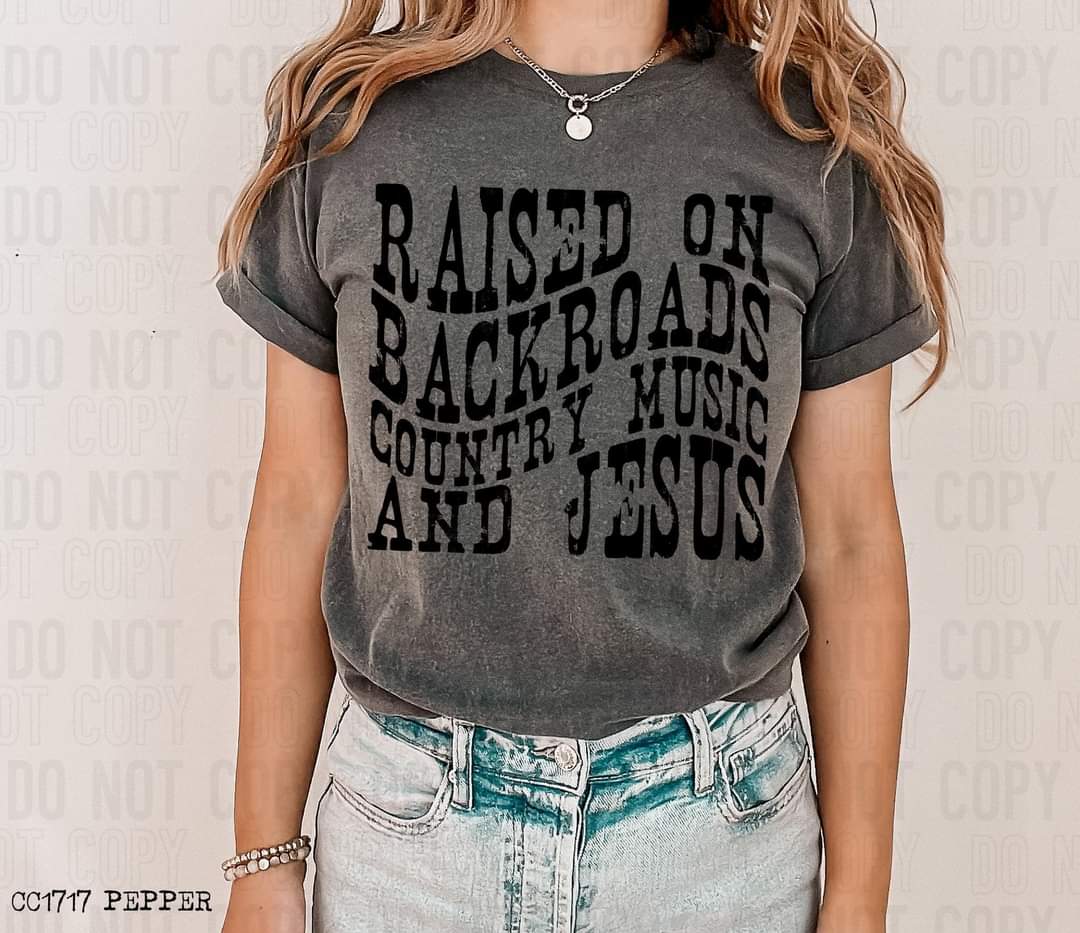 Raised on backroads country music and Jesus black 731 DTF TRANSFER