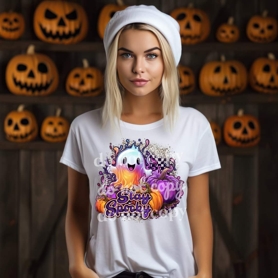 stay spooky (ghost, purple, orange, and checkers) DTF TRANSFER
