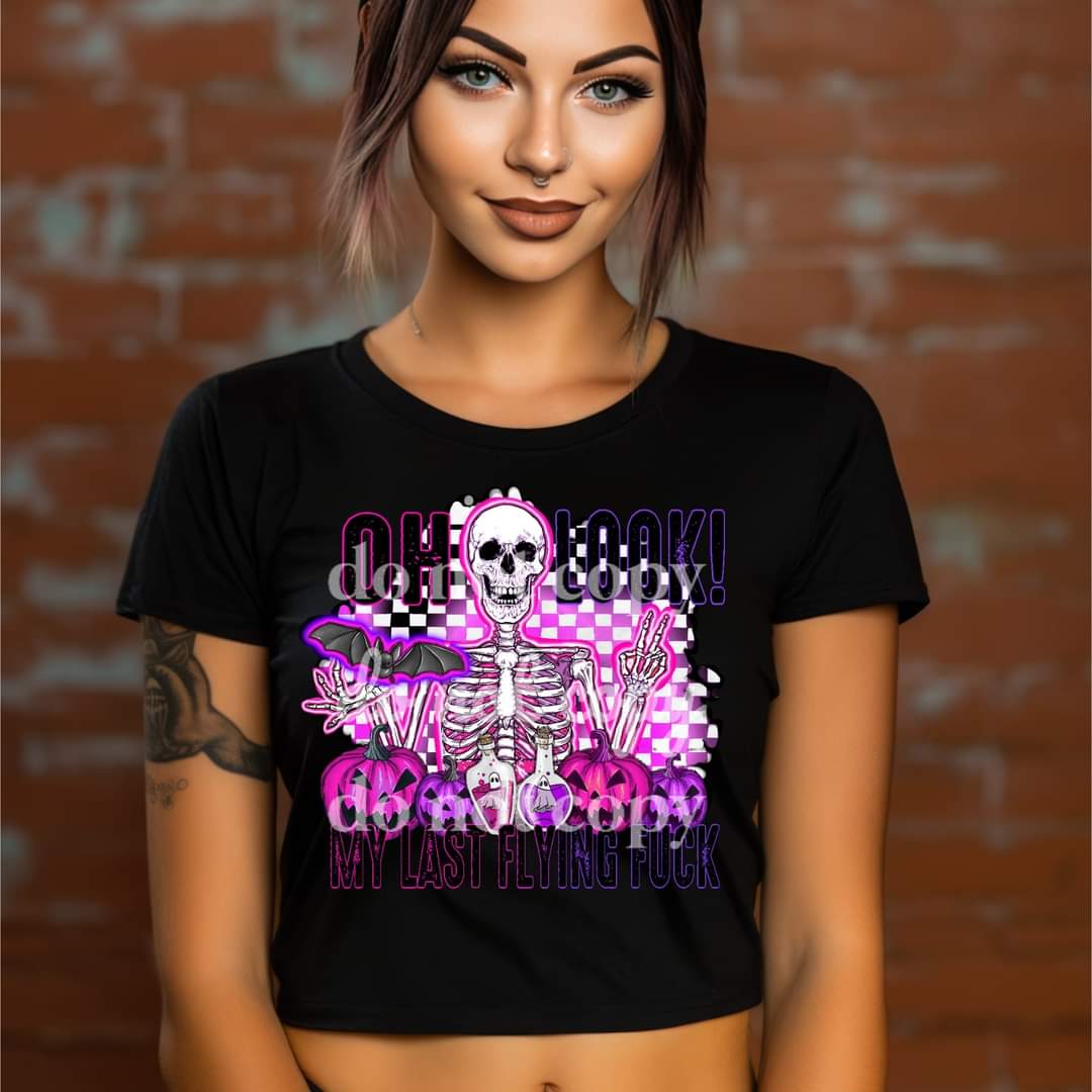 oh look, my last flying fuck (purple skeleton, bats, pumpkin, checkered background) 9088 DTF TRANSFER