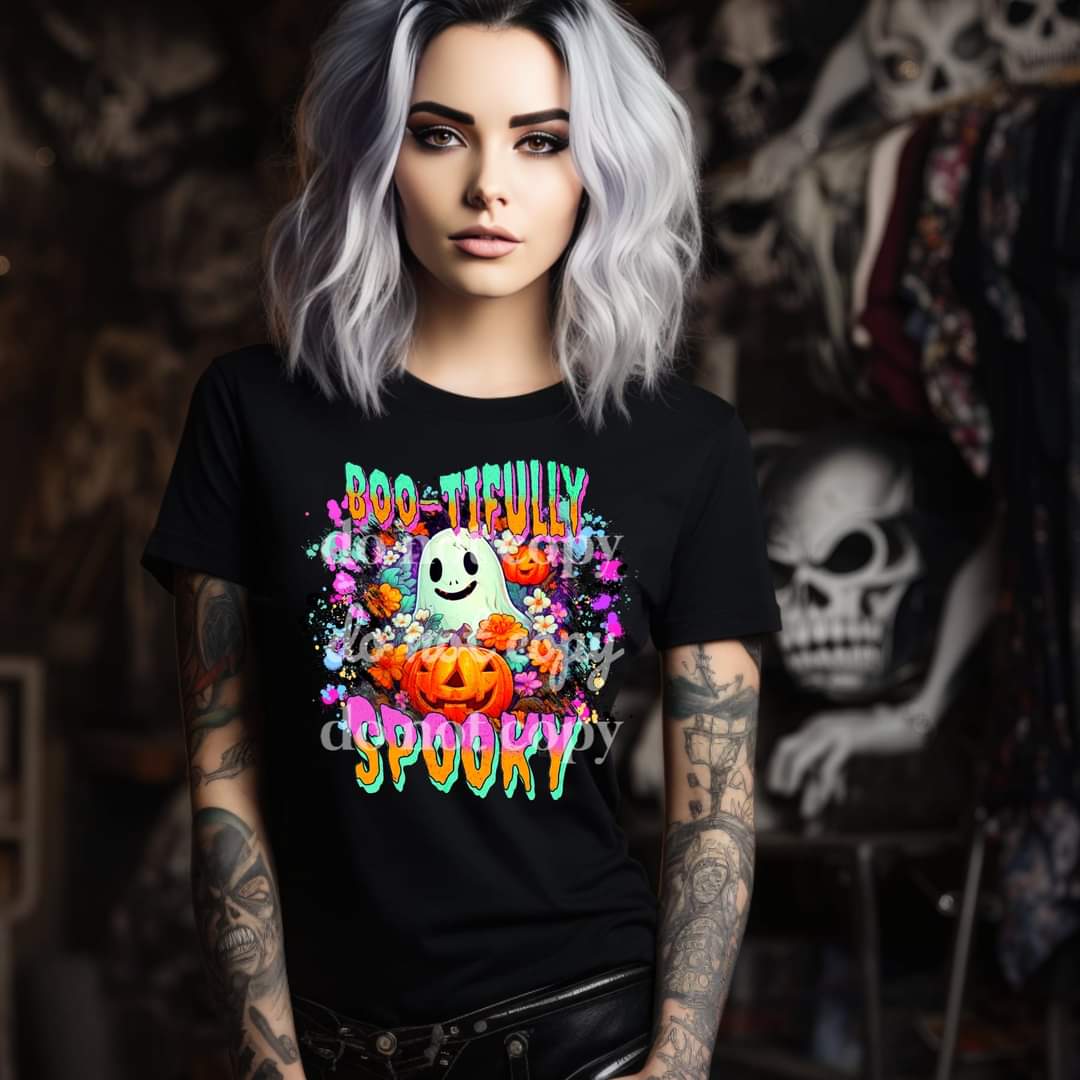 Boo-tifully spooky (ghost with pumpkin floral background) 9092 DTF TRANSFER