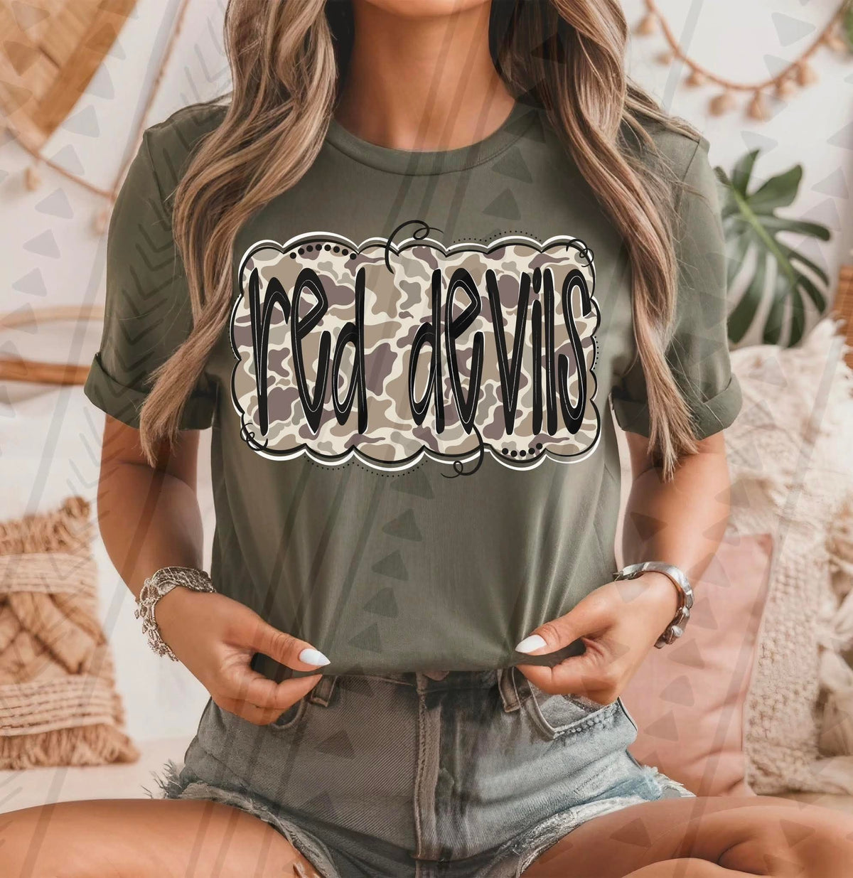 Red devils camo black font tgg DTF transfer