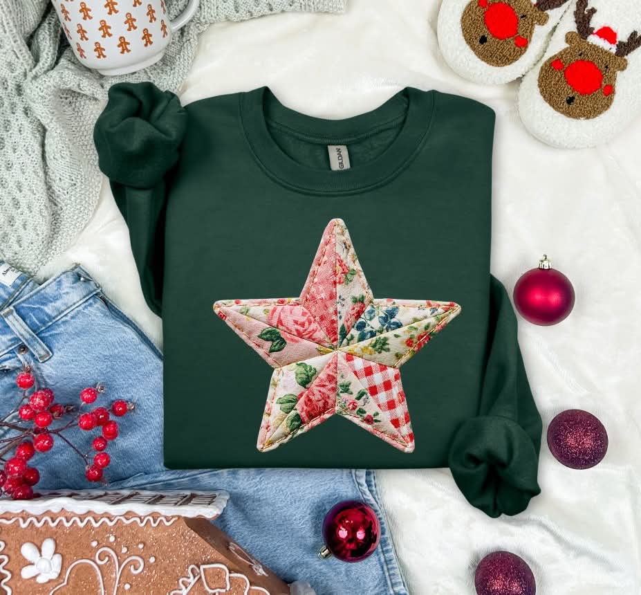 Patchwork Christmas Star with leaves (S&G) DTF Transfer