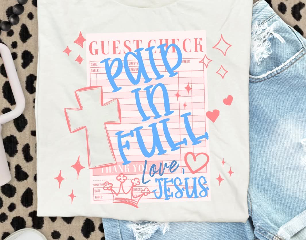 Paid in full (blue letters pink cross) (S&G) DTF Transfer