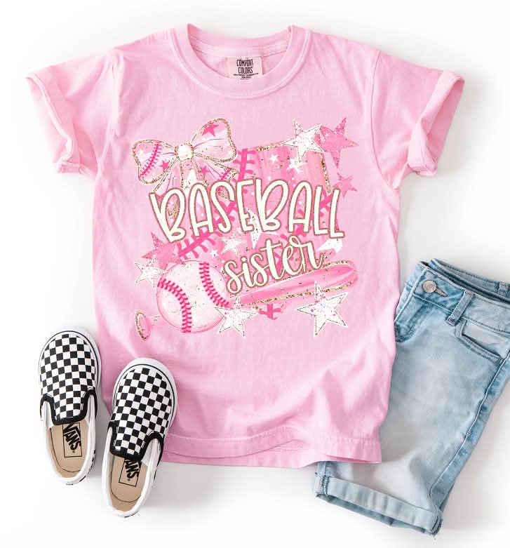 Baseball sister pink with bow stars (S&G) DTF Transfer