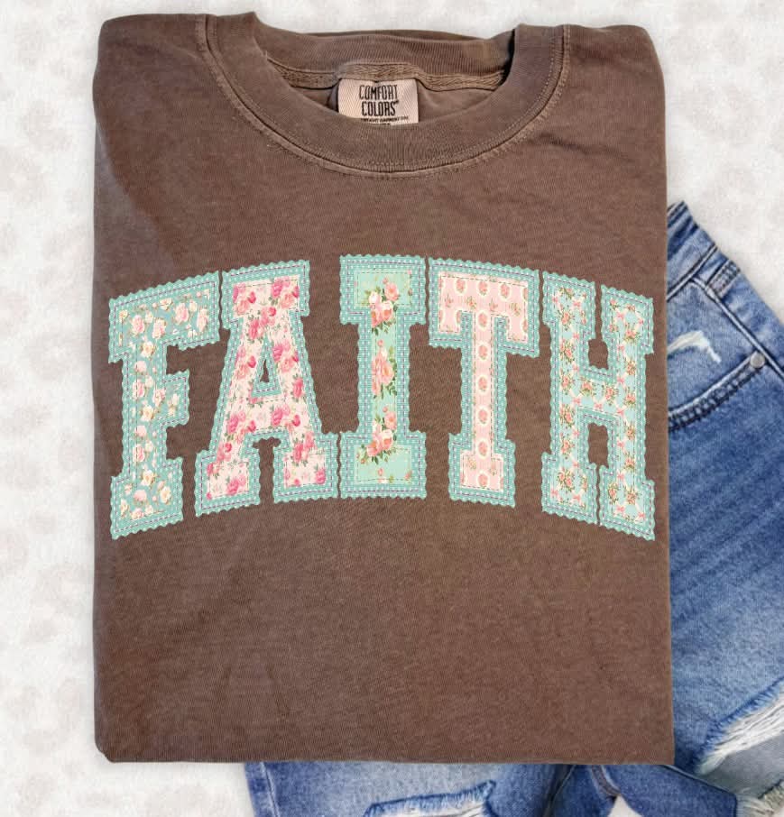 Faith faux fabric (teal outline) (S&G) DTF Transfer