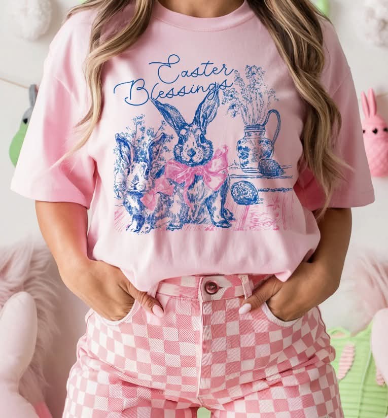 Easter Blessings (blue sketch with pink bows) (S&G) DTF Transfer