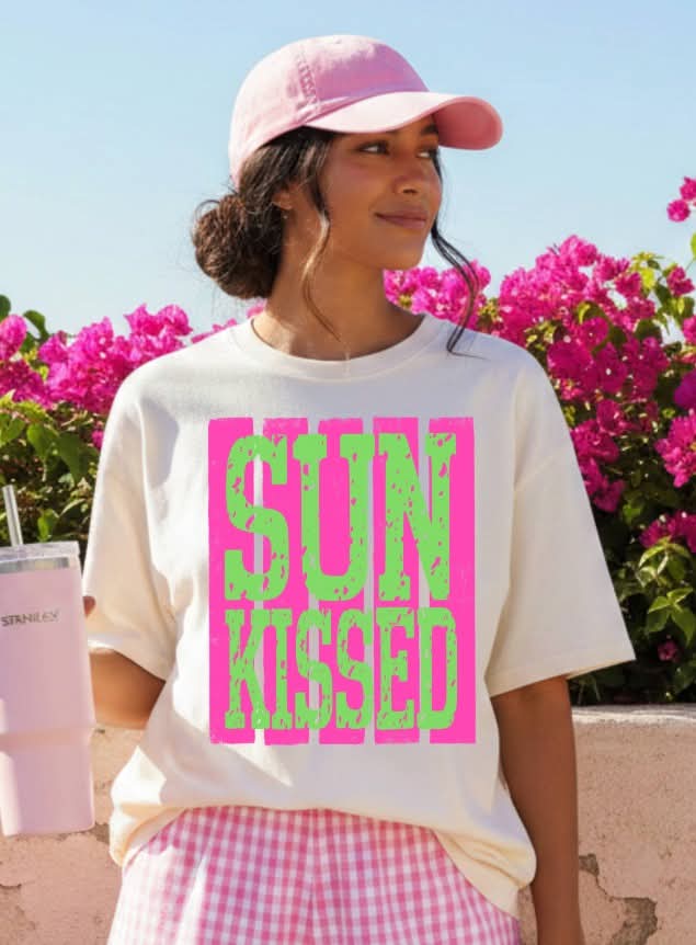 Sun kissed GREEN font PINK strips  (S&G) DTF Transfer