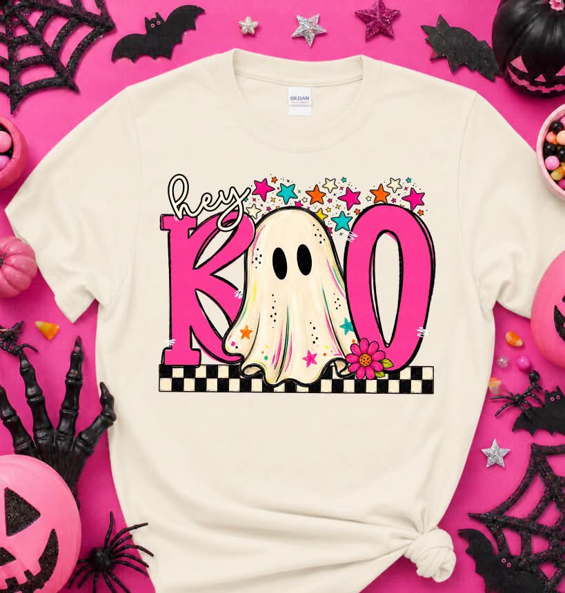 Hey boo pink with stars DTF Transfer