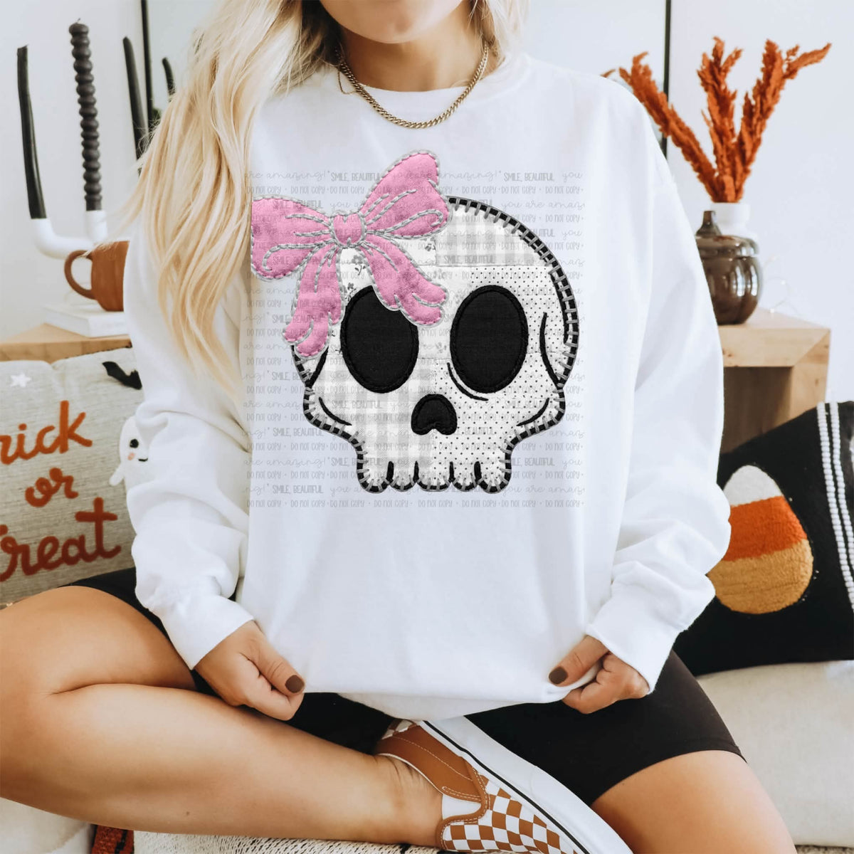 Skull pink bow faux fabric (Carter) DTF Transfer