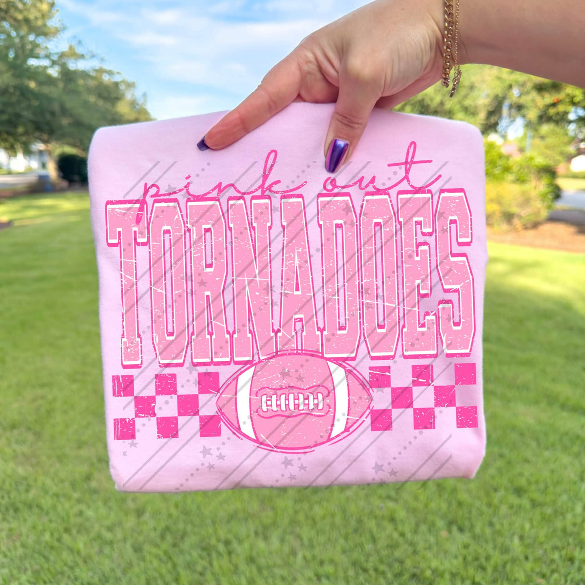 Pink out tornadoes pink checkered football (Carter) DTF Transfer